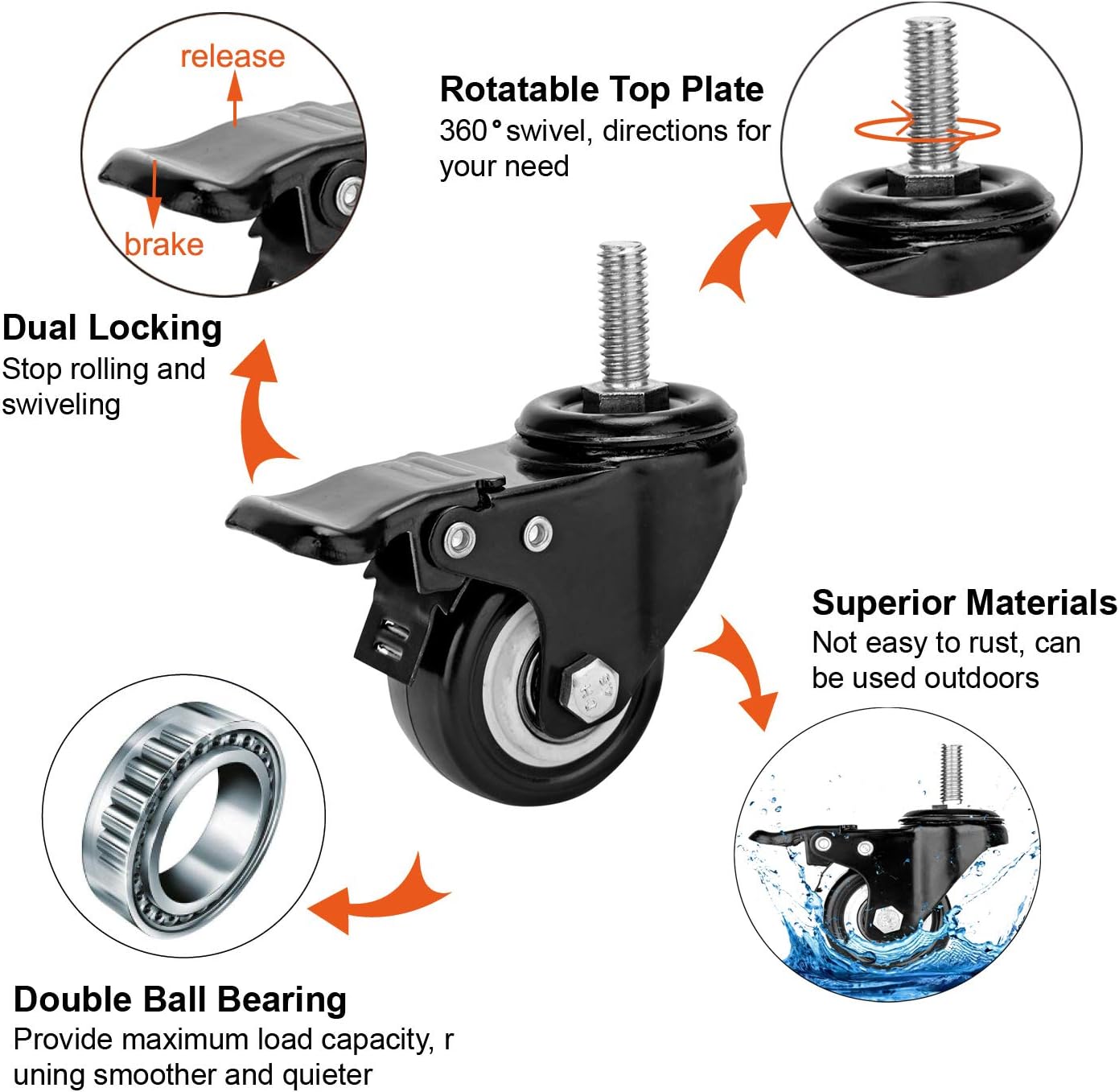 1" Wide Stem Caster with Safety Locking (4 Pack)