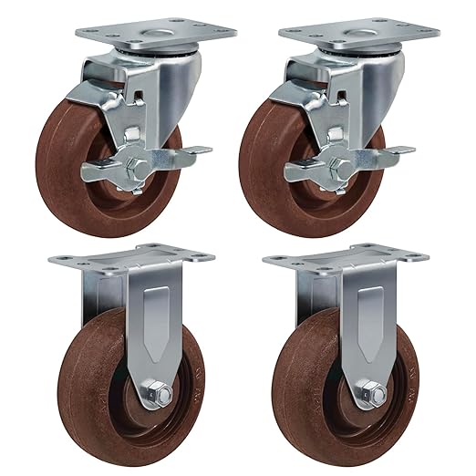 4"X1.5" Heavy Duty Casters- Hi Temperature Wheels, Set of 4 with Strong Capacity 2800 LB, Temperature Range:-40F to 525F. Use for Equipment Such as Ovens,Kilns,and Dryers (2 Brake &2 Rigid)