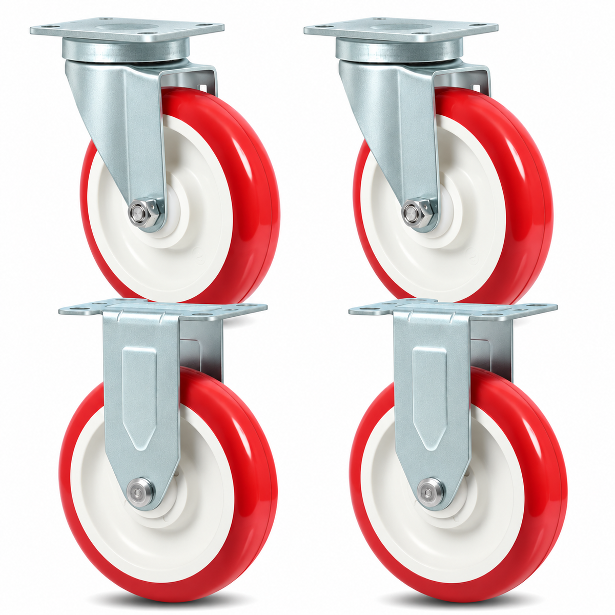 SY America 5" X 1.25"Heavy Duty Casters,2 Rigid & 2 Swivel,Polyurethane on Polyolefin Caster Set of 4, Industrial Caster Wheels for Carts,1400 lbs Capacity-Red