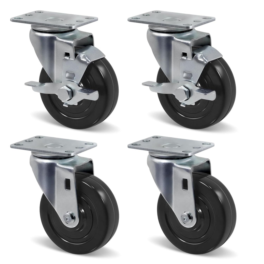 Swivel Industrial Casters Set of 4 with Brake, Hard Rubber Wheels for Cart Furniture Equipment