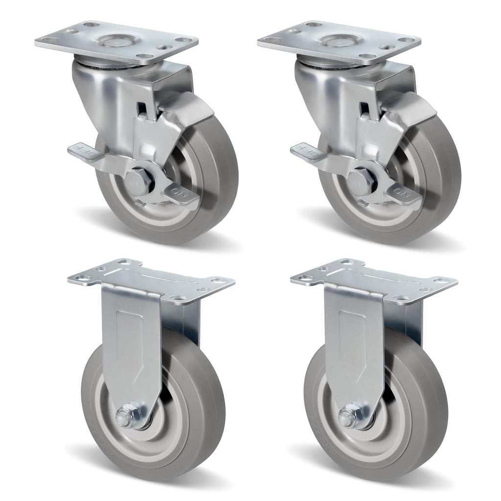 Heavy Duty Casters, Swivel Caster Wheels with Brakes, Plate Casters with Rubber Wheel for Furniture Platform Truck Dolly Cart, Set of 4 (2 Brakes & 2 Rigid)