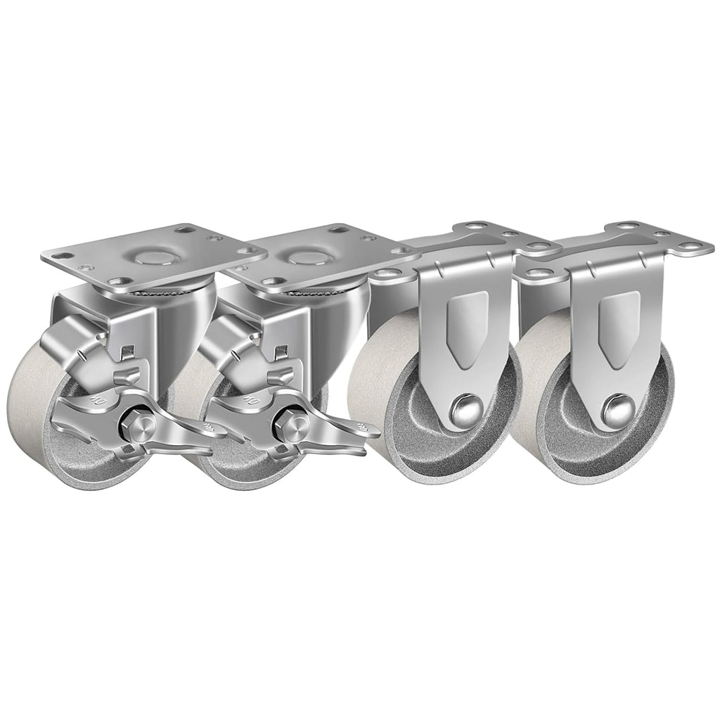 Industrial Casters- Heavy Duty Casters, Cast Iron Wheel, Steel Casters Set of 4 Capacity up to 1400 Lb. Use for Industrial carts, Dollies, Food Service Cart(2 Brake & 2 Rigid)