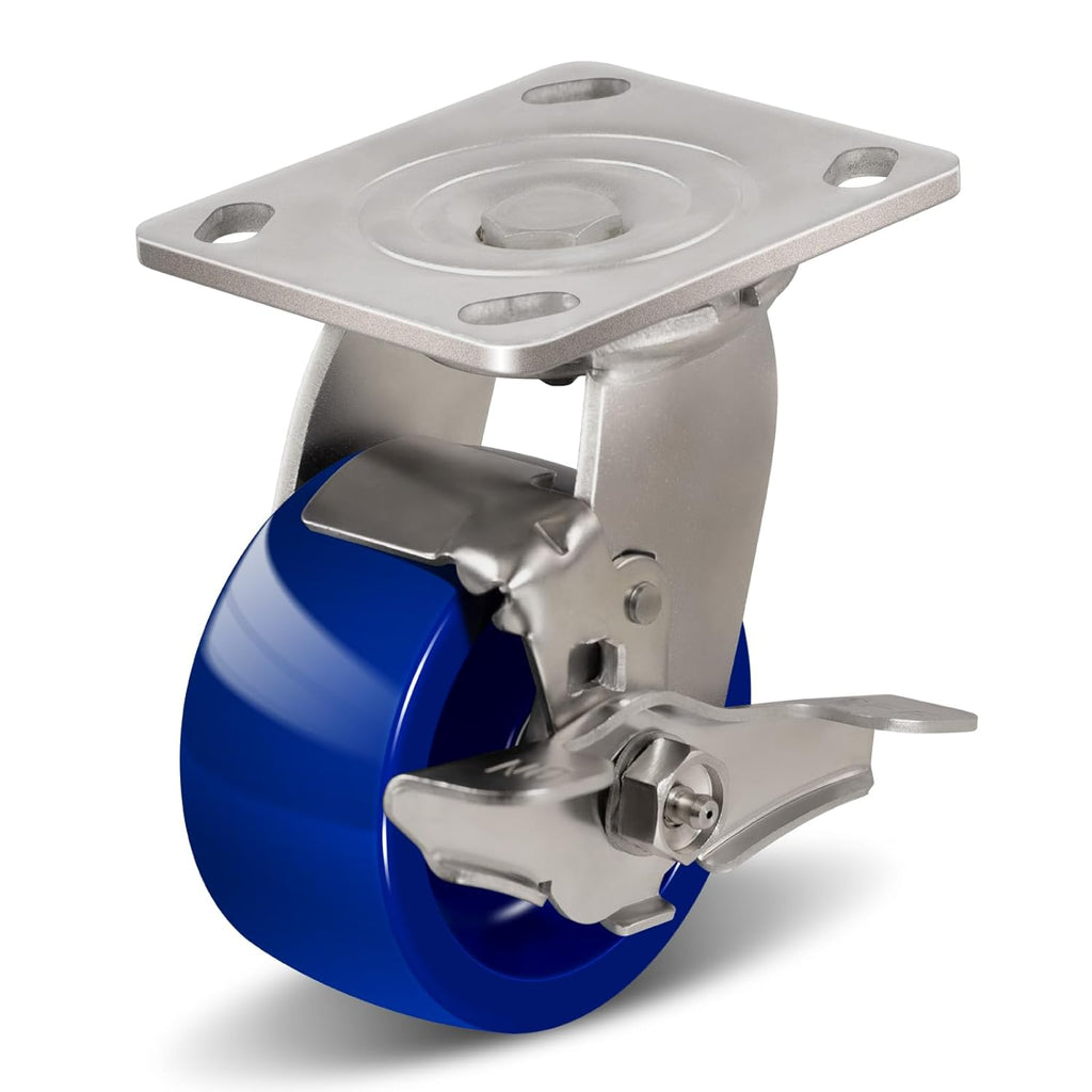 Industrial Brake Caster,Load Capacity 750 lbs per Wheel,Heavy Duty Non-Marking Solid Polyurethane Wheel for Bakery, Hospitals, Pharmaceutical Labs
