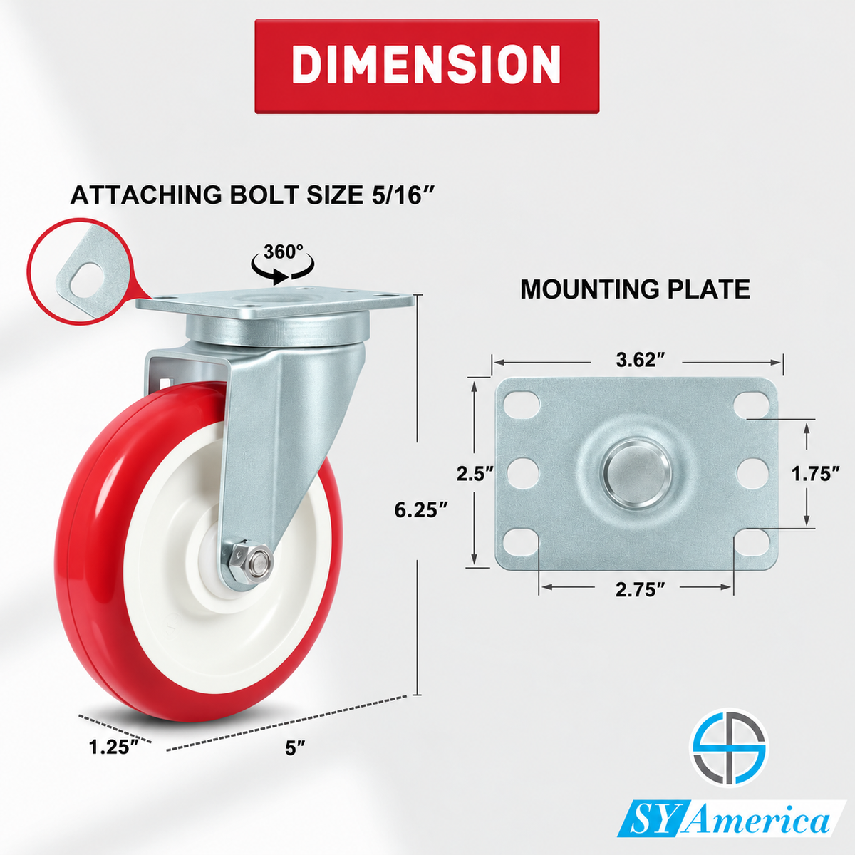 SY America 5" X 1.25"Heavy Duty Casters,2 Rigid & 2 Swivel,Polyurethane on Polyolefin Caster Set of 4, Industrial Caster Wheels for Carts,1400 lbs Capacity-Red