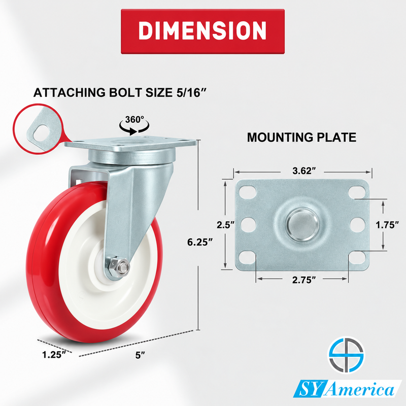 SY America 5" X 1.25"Heavy Duty Casters,2 Rigid & 2 Swivel,Polyurethane on Polyolefin Caster Set of 4, Industrial Caster Wheels for Carts,1400 lbs Capacity-Red