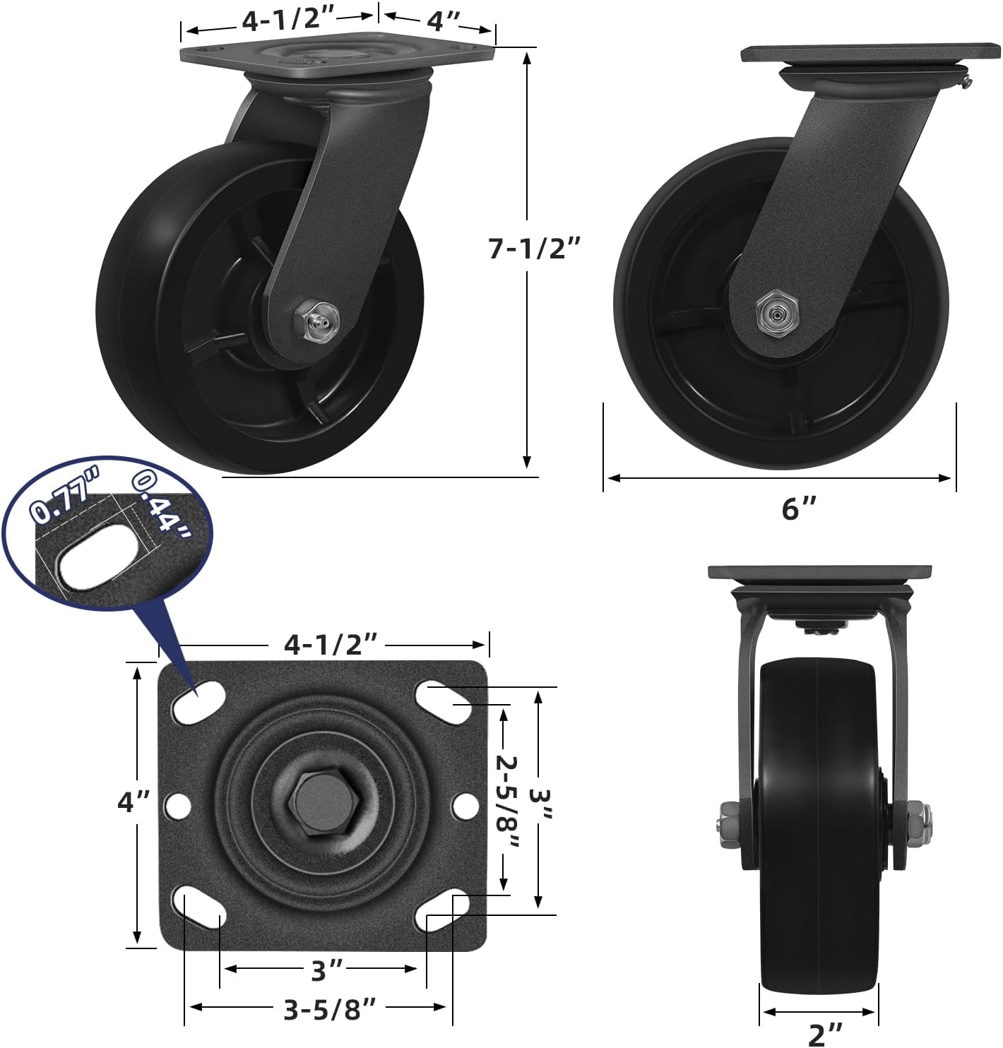 6"x 2" Heavy Duty Polyolefin Casters (Unplated)