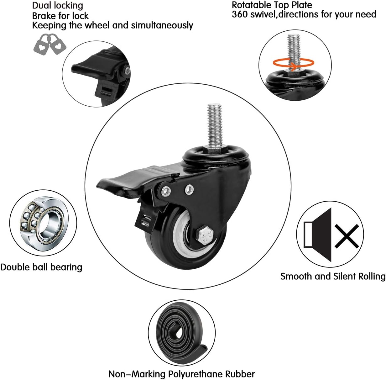1" Wide Stem Caster with Safety Locking (4 Pack)
