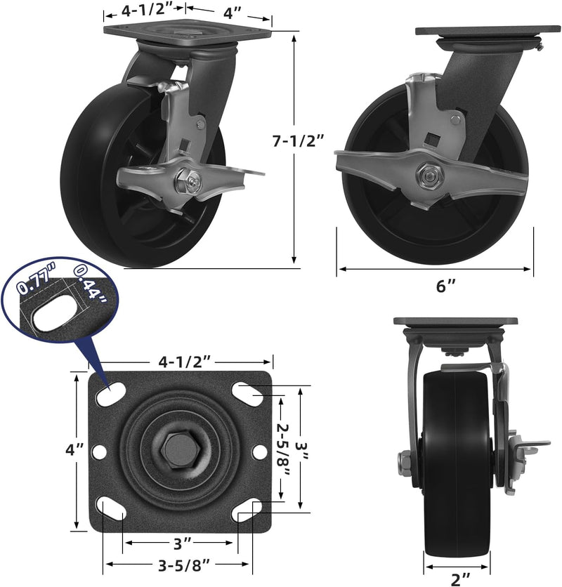 6"x 2" Heavy Duty Polyolefin Casters (Unplated)
