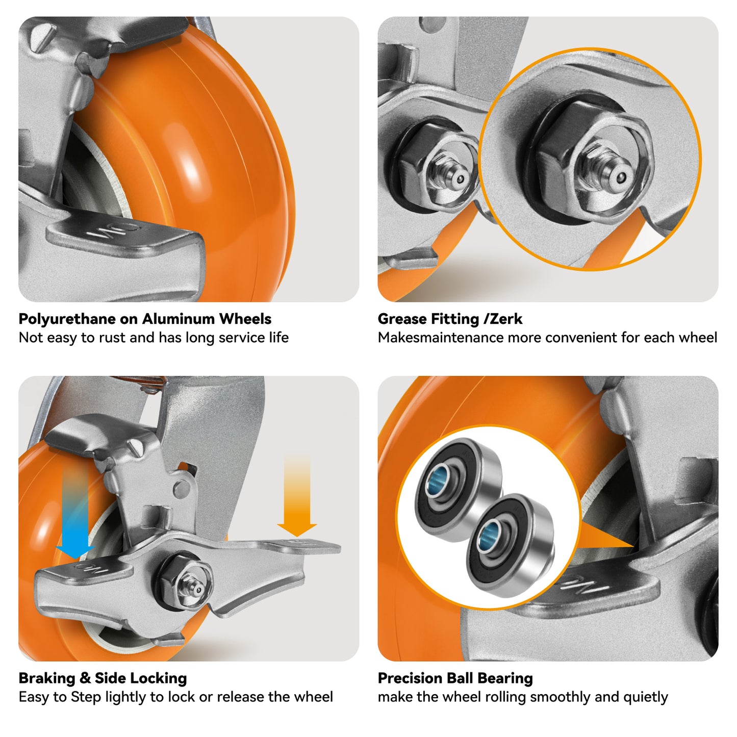 2" Wide Polyurethane On Aluminum Ribbed Caster(Orange)