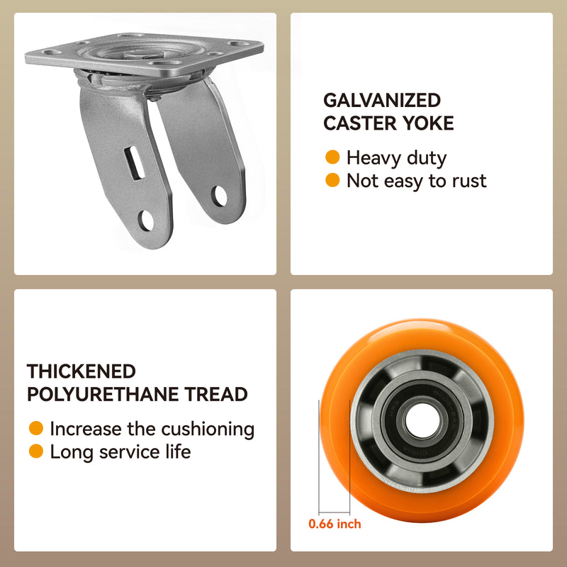 2" Wide Polyurethane On Aluminum Ribbed Caster(Orange)