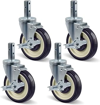 5" Caster Wheels Heavy Duty, Square Stem Swivel Casters Set of 4, 7/8'' x 2-1/2" (Screw Diameter 5/16", Stem Length 2-1/2") with 1/4'' Mounting Holes