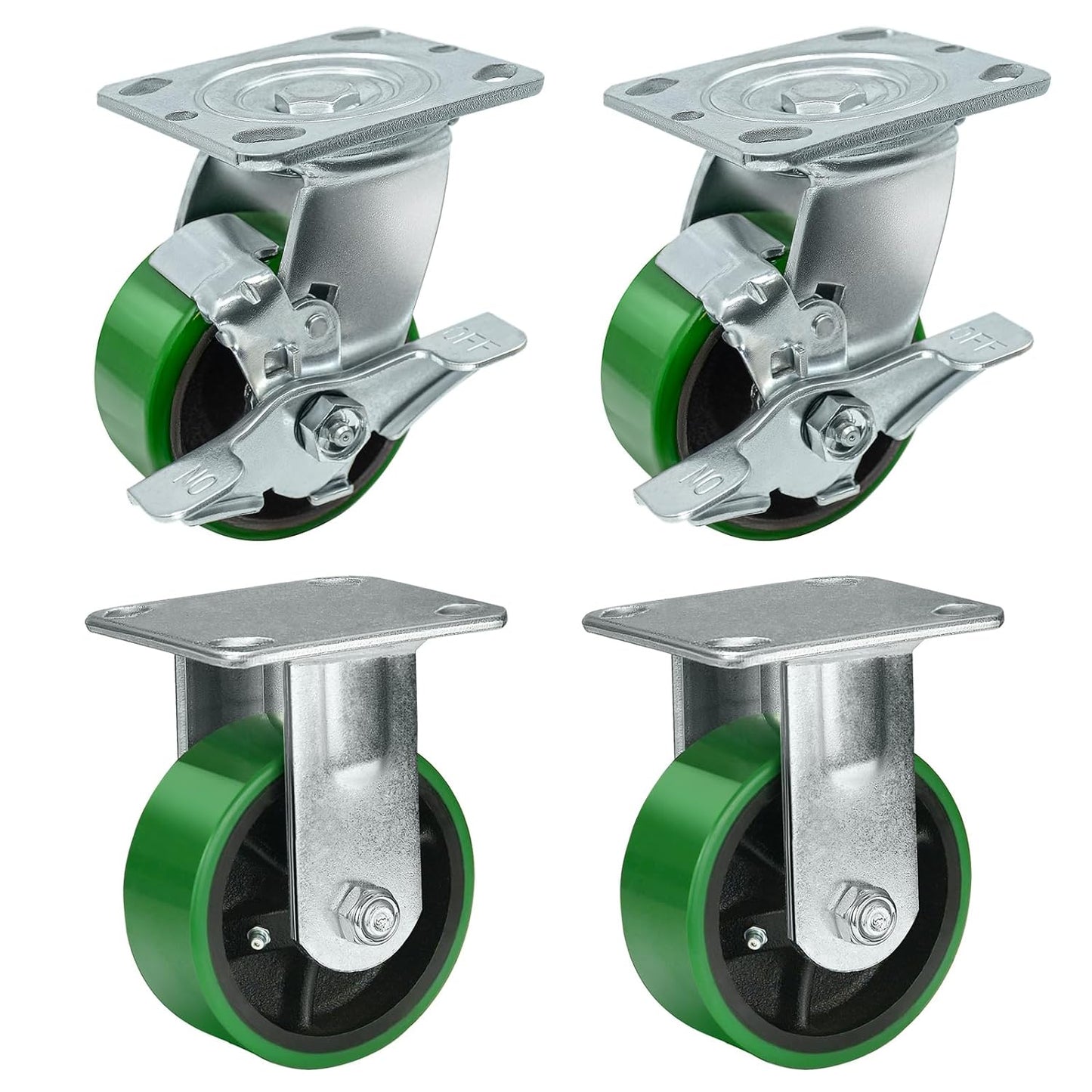 2" Wide Polyurethane on Cast Iron Casters Industrial Strength (Green)