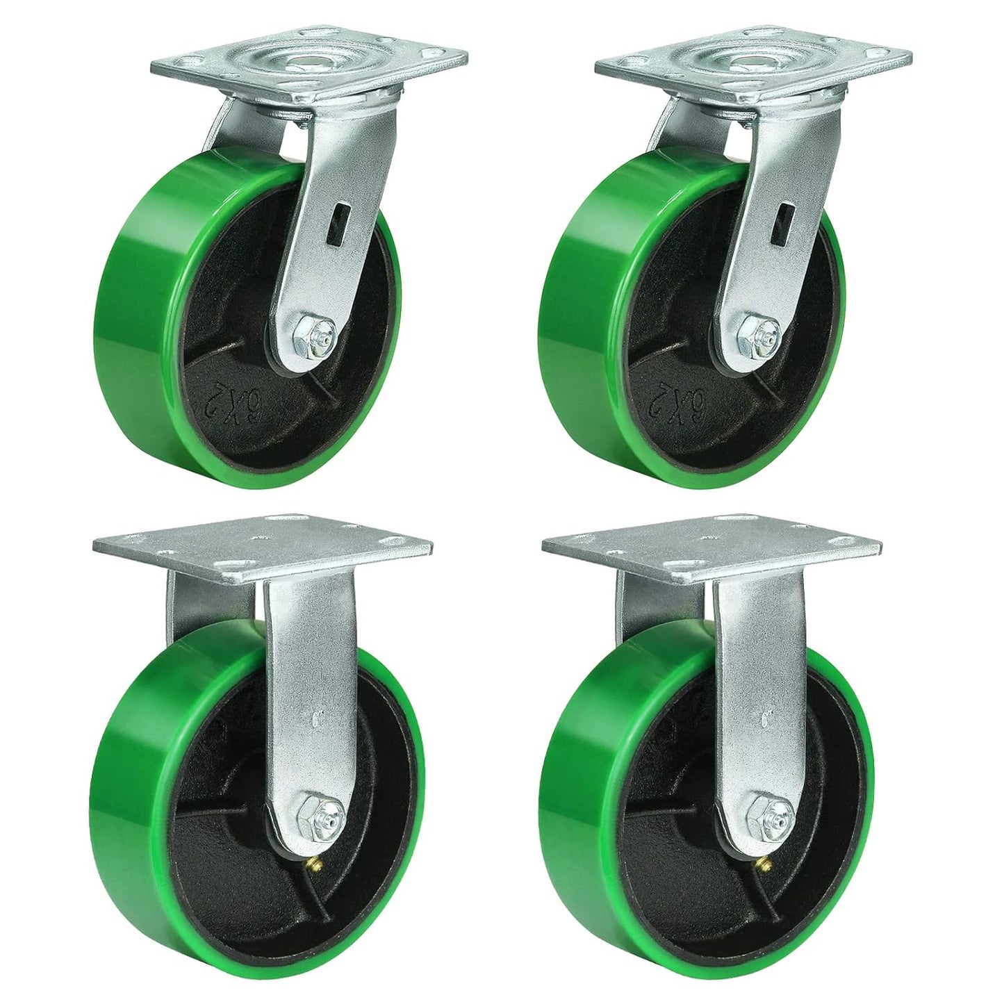 2" Wide Polyurethane on Cast Iron Casters Industrial Strength (Green)