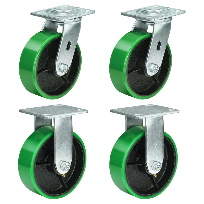 2" Wide Polyurethane on Cast Iron Casters Industrial Strength (Green)