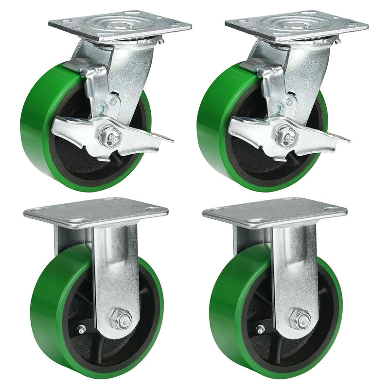 2" Wide Polyurethane on Cast Iron Casters Industrial Strength (Green)