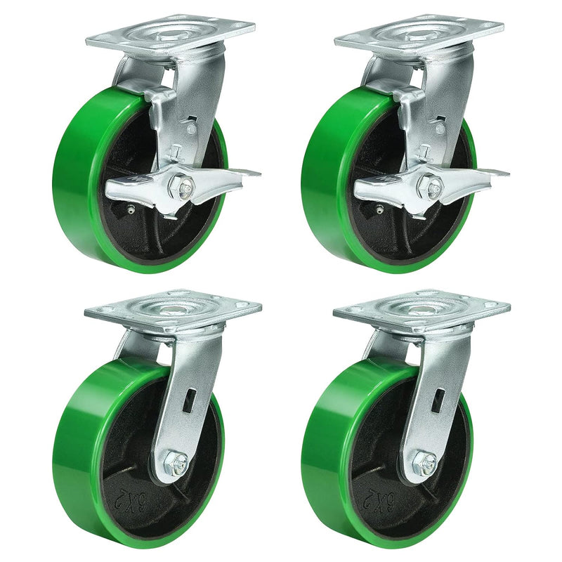 2" Wide Polyurethane on Cast Iron Casters Industrial Strength (Green)