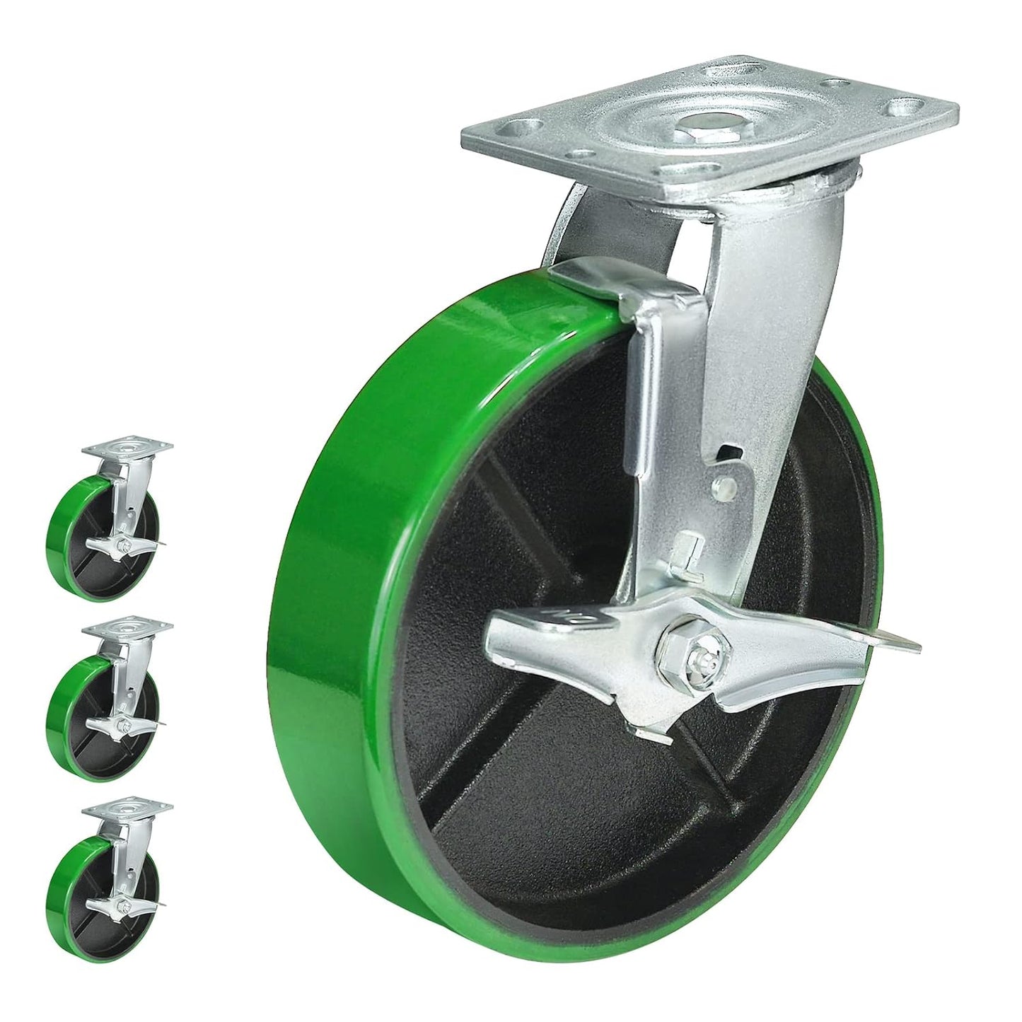 2" Wide Polyurethane on Cast Iron Casters Industrial Strength (Green)